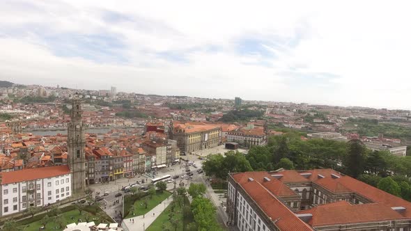 4k aerial drone footage of the iconic Clérigos Tower of coastal city of Porto in northwest Portugal