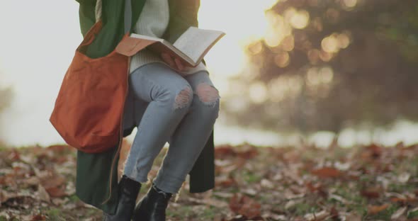 Young Woman Reads a Book and Recalls Memories of Past. Beautiful Woman Swinging in a Cold Sunset