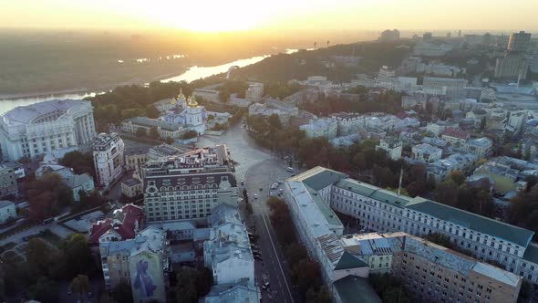 Aerial Shot of Kiev, City Center in the Morning, Dnipro River and Mikhailov-Zlatoverkh