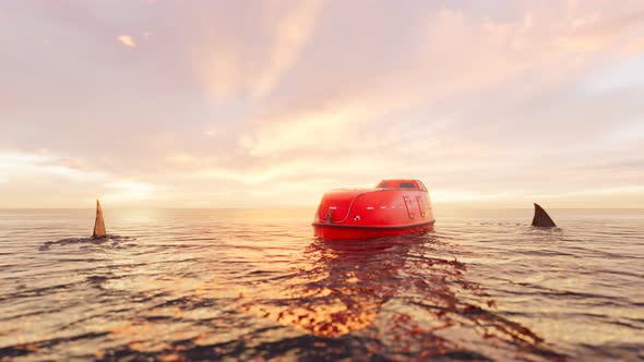 Animation of the sharks swimming around red lifeboat in the middle of the ocean.