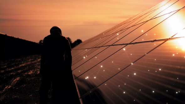 Unidentified Solar Power Engineer Touches Solar Panels with His Hand at Sunset