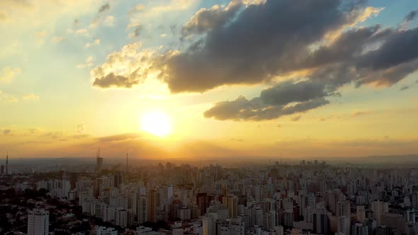 Sunset downtown Sao Paulo Brazil. Downtown district at sunset scenery.