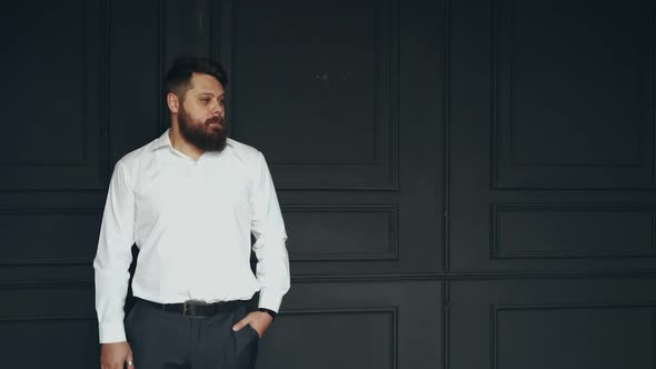 Gentleman posing in studio. Portrait of stylish handsome man with beard in studio