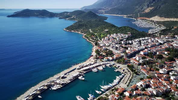 The top view from the drone of Kas resorts, bay, yahts, city in Mugla in Turkey