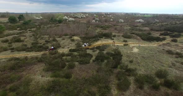 Aerial view of three horses racing in desert environment