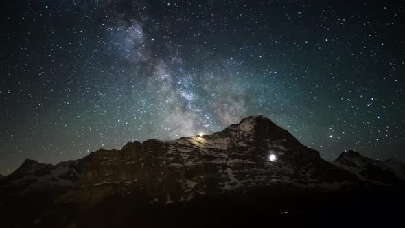 Timelapse of milky way and stars in a wonderful summer night above the Eiger North Face in Grindelwa