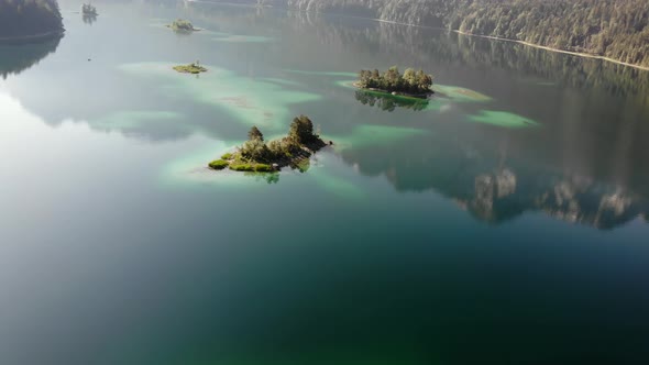 Beautiful drone video of an lake and mountains, eibsee in bavaria