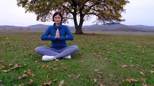 Young Athletic Asian Woman Meditating in the Field By Old Oak Zen Yoga Meditation Practice in Nature