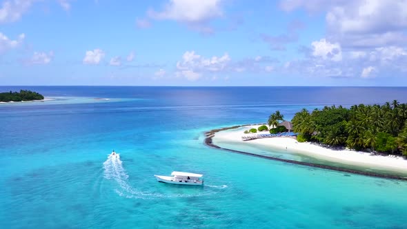 Aerial drone texture of tropical bay beach voyage by blue lagoon with sand background