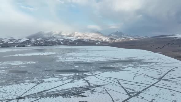 Aerial view of frozen Lake Paravani. The largest lake in Georgia