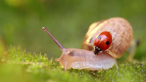 Close-up Wildlife of a Snail and Ladybug in the Sunset Sunlight.