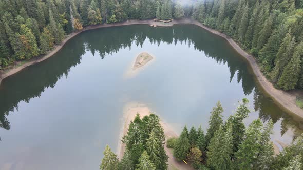 Mountain Lake Synevyr. Aerial View of the Carpathian Mountains in Autumn. Ukraine