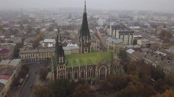 Aerial view of the Olha and Elizabeth Church in Lviv, Ukraine