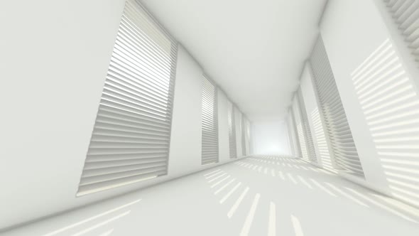 An empty white corridor with netting walls and bright light 1