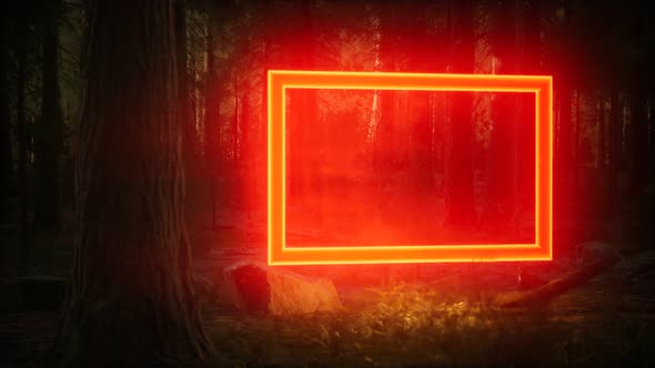 Neon Glowing Rectangle Frame in the Night Forest