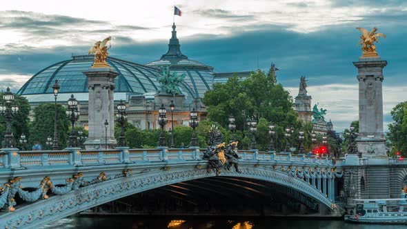 Alexandre Bridge in Paris at Night in Illumination Day to Night Timelapse alt