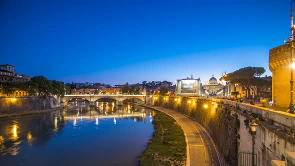 Ponte Vittorio Emanuele II Is Bridge Across Tiber Day To Night Timelapse in Rome, Italy