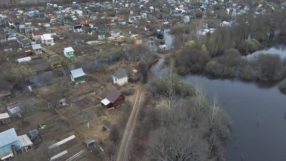 Spring Flood View From a Quadcopter Flooded Garden Houses Below