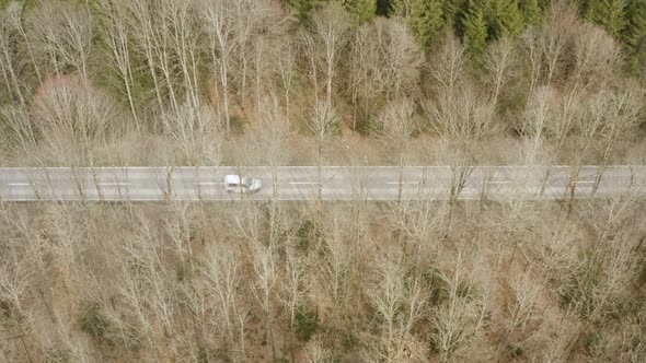 Bird view of an street in the forest and some cars are passing by