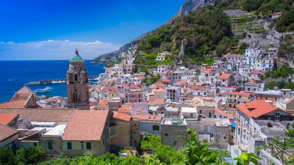 Amalfi town in Italy timelapse from the top of the hill overlooking the church Duomo di Amalfi lemon