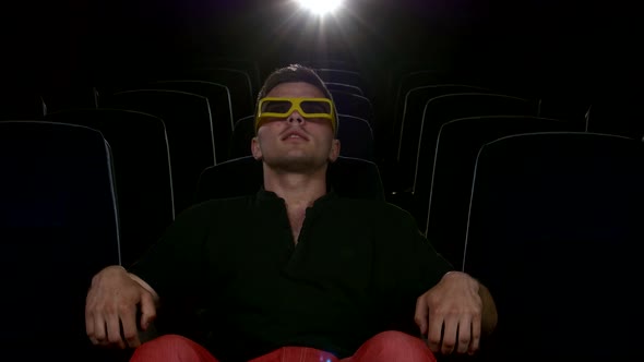 Boy Sitting at Cinema, 3D Stereo Glasses. Close Up
