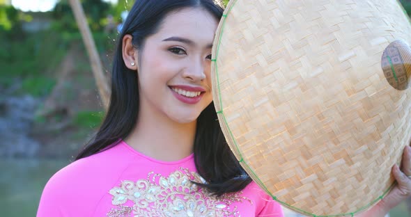 Vietnamese Woman With Traditional Vietnam Hat