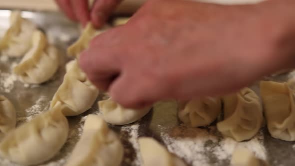 Stuffed Chinese gyoza dumplings ready to cook on a tray