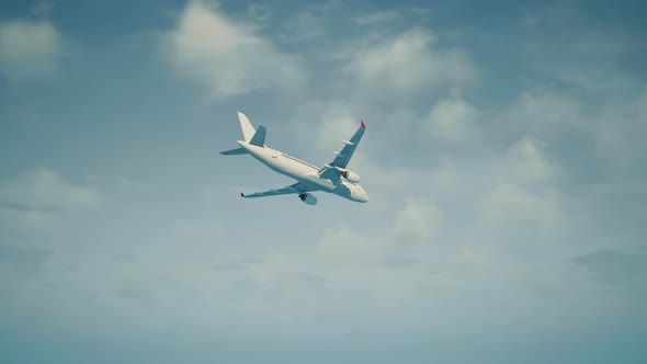 The Plane Flies in the Clouds in the Setting Sun