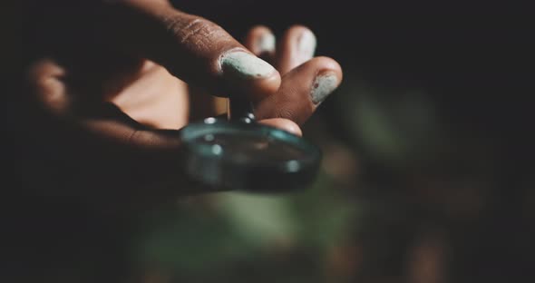 Close up of a hand holding a hand lens and the mushroom notebook