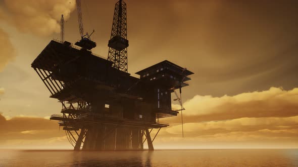 Offshore Jack Up Rig in The Middle of The Sea at Sunset Time