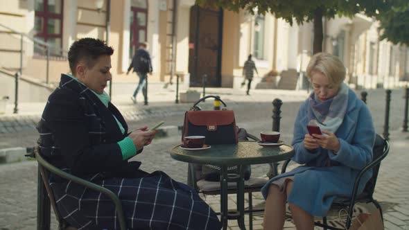 Two Mature Women Using Smartphone Working Via Mobile App Outdoors