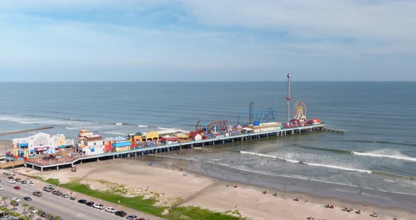 Aerial view of Pier off the coastal area of Galveston Island Texas