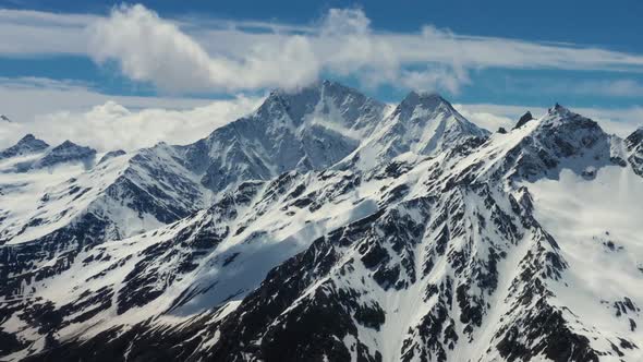 Aerial View from an drone of Beautiful Snowy Caucasus Mountain Landscape in Winter