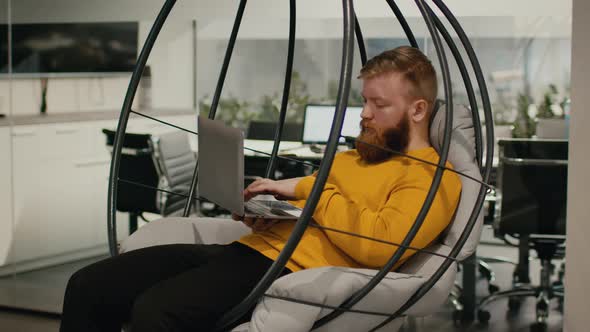 Guy Using Laptop Typing Sitting In Egg Chair In Office