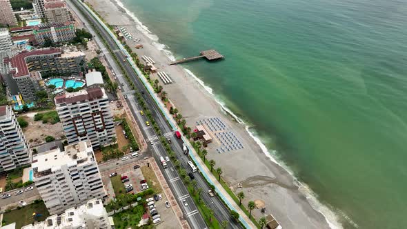 Traffic on the Beach aerial view 4 K Turkey Alanya