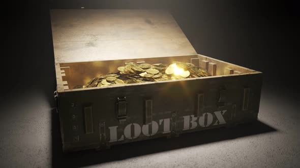 Animation of a wooden loot box full of shiny gold coins. Old, military container