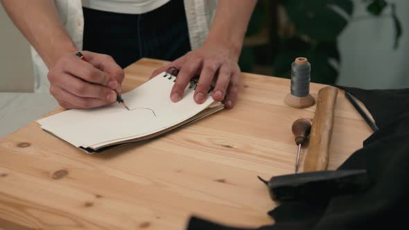 Man Close Up Designer Draw Flower Pencil, Macro Hand Craftsman Make Picture Male