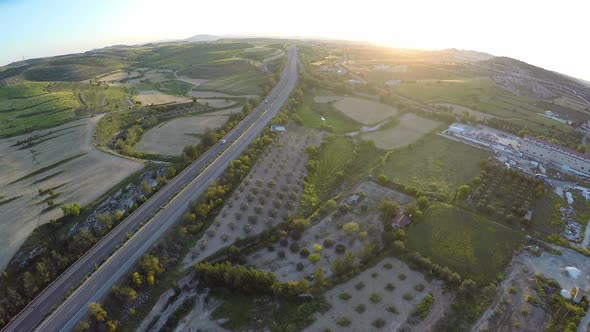 Agricultural Fields and Fruit Gardens on Cyprus Hills, Road Traffic, Aerial View