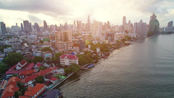 4K : Aerial view over Bangkok city and Chao phraya river