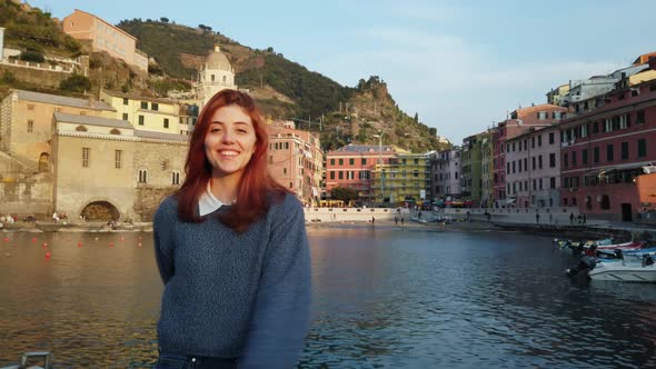 Young Girl Has Fun in Vernazza a City in the Cinque Terre in Italy