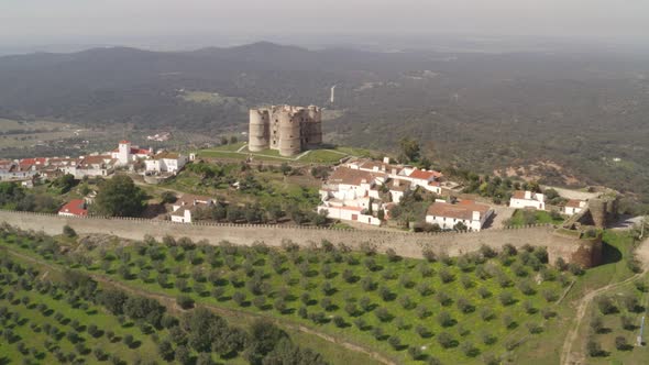 Aerial drone view of Evoramonte and castle in Alentejo, Portugal