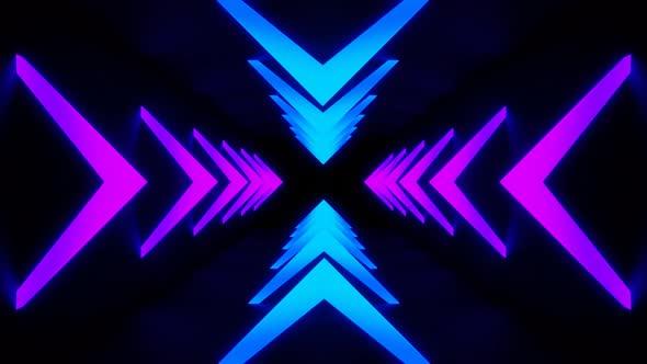 Tunnel of Overflow Blue and Purple Led Neon Arrows 3d Render Seamless Animation alt