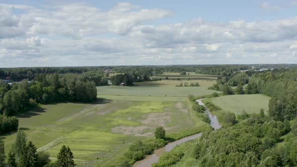 Aerial view of an old stone brige along the Keravanjoki River in the countryside of Kerava, Finland.