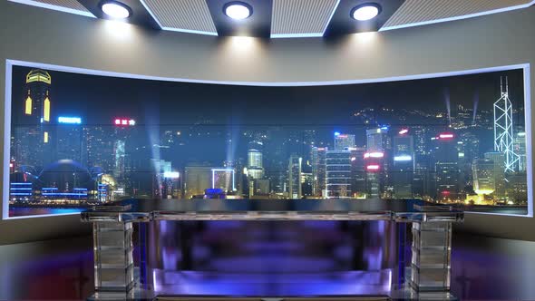 3D Virtual News Studio. Announcer Table With Night City Background And Floodlights 5
