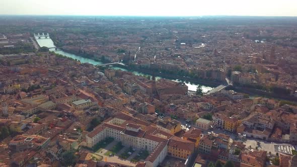 Verona, Italy. Aerial View of Famous Touristic City Verona in Italy at Sunset. Bright Sky with