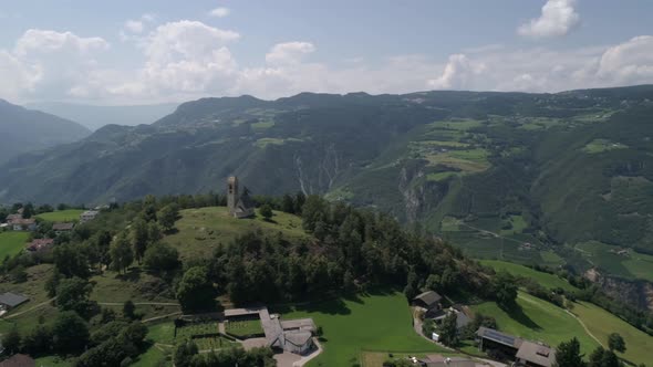 Aerial drone video of the city of Völs am Schlern Fie allo Sciliar  on the Italian Alps Dolomites