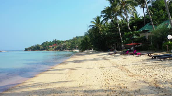 Peaceful empty sandy beach with tall palms and perfectly calm sea. Tropical summer vacation destinat