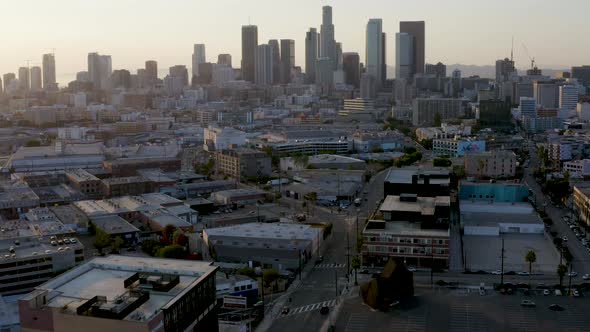 Downtown Los Angeles Streets & Buildings. Establishing Sunset Aerial Drone View