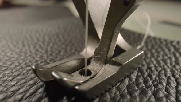 Macro Shot of Sewing Machine Needle with Thread and Presser Foot Tailoring Leather Piece During