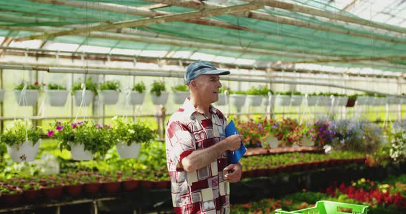 Researcher Examining Potted Plant At Greenhouse